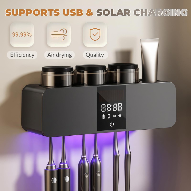 Smart Wall-Mounted Toothbrush Holder with Solar Charging, 6 Brush Slots