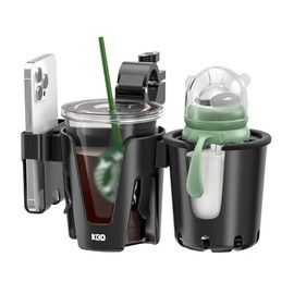 KDD Portavasos para carriola con Soporte para teléfono, Soporte para Botellas extraíble 3 en 1, Soporte para Bebidas de rotación de 360 Grados para Silla de Ruedas, carriola, Bicicleta,Negro