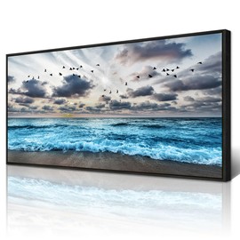 Wapluam Large Wall Decoration For Living Room Black Framed Canvas Wall Art For Bedroom Office Wall Decor Black And White Wall Painting Blue Sea Wave Pictures Artwork Modern Hotel Room Home Wall Art