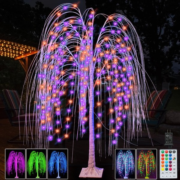 Pooqla 240 LED 5FT Colorful Lighted Willow Tree, RGB LED Tree with Remote, Willow Tree with Multicolored White String Lights for Indoor Outdoor Christmas Halloween Party Home Wedding Decor