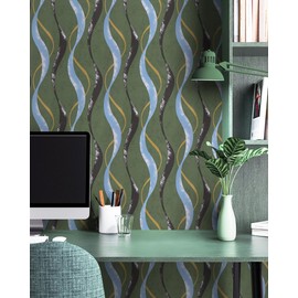 CiCiwind Green Peel and Stick Wallpaper 17.3" × 78.7" Vintage Self Adhesive Removable Wallpaper Modern Adstract Striped Contact Paper Wave Papel Tapiz Para Pared Bedroom Bathroom Decor Vinyl Film Roll
