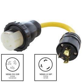 AC WORKS® 1.5FT L5-30P 30A 3-Prong Locking Plug to RV/ Marine NEMA SS2-50R 50A Connector