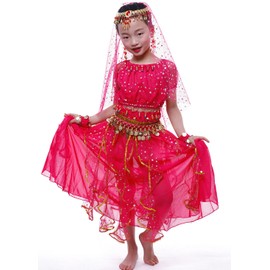Astage Girls' Short-Sleeved Belly Dance Costume All Ornaments, pink