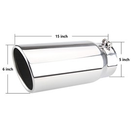 LCGP 5" Diesel Exhaust Tip, 6" Outlet 15" Long Truck Tip, Rolled Angle Cut Design, Polished Finish