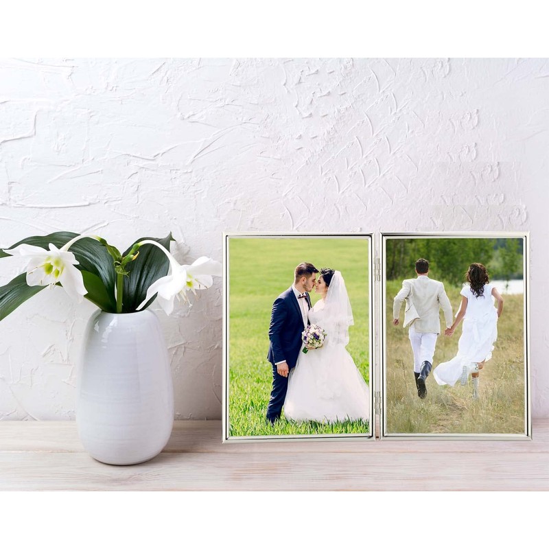 YiPinYin 5x7'' Hinged Double Simply Silver Metal Picture Frames, Elegant