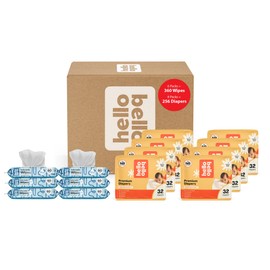 Hello Bello Mega Surprise Pack Wipes and Diapers Size NB (up to 10lbs), 256ct Hypoallergenic Assorted Diapers with Soft, Cloth-Like Feel Plus 360 Ultra Gentle Unscented Baby Wipes, 6 Resealable Packs
