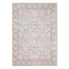Beeiva Boho 6x9 Area Rug Living Room Rugs,Pink Machine Washable Area Rugs for Bedroom, Floral Ultra-Thin Non-Slip Pastel Bedroom Nursery Playroom Carpet(Pink,6'x9')