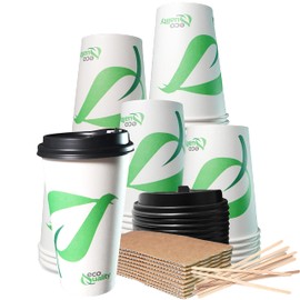 20 oz Compostable Paper Cups with Black Dome Lids, Sleeves and Wooden Stirrers - Biodegradable Disposable White Paper Coffee Cups PLA Lined - Eco-friendly Hot and Cold Drinking Cups (50)