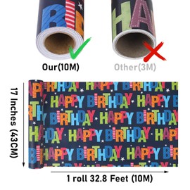 NESCCI Birthday Wrapping Paper,Birthday Gift Wrapping Paper,Wrapping Paper Roll-17 Inch X 32.8 Feet Per roll,Colorful Happy Birthdays Pattern For Boys Girls, Perfect For Birthdays Party, Baby Shower