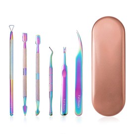 Tingbeauty 6 PCS Cuticle Pusher Remover Kit Professional, Stainless Steel Double Ended Manicure and Pedicure Tools Set for Nails Care Beauty Clean Fingernails Toenails with Storage Case (Chameleon)