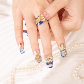 LOVFUL Press on Nails The Palace of Murals Blue French Tip| Handmade with Full Covered Crystals | Reusable Fake Nails | Square Regular 1.0 in | H174L
