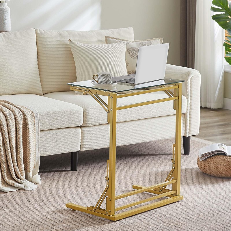 Tatub 24" Folding C Shaped End Table, Small Tempered Glass
