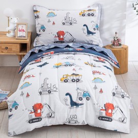 DJY 4 Pieces Cotton Toddler Bedding Set, Dinosaur Cars Reversible Toddler Bed Comforter Set for Kids Boys Girls, Includes Quilted Comforter, Flat Sheet, Fitted Sheet and Pillowcase