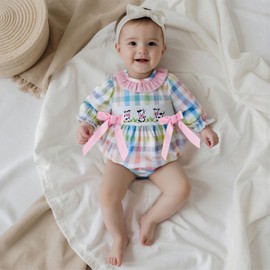 RSRZRCJ Newborn Baby Girl Outfits Long Sleeve Smocked Cow Embroidery Plaid Romper Bodysuit One Piece Fall Winter Clothes (Pink, 3-6 Months)