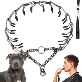 Dog Training Collar and Dog Whistle Set Stainless Steel No Pull Dog Collar Adjustable Dog Walking Collar with Comfort Rubber Caps for Dogs(Black,M-22inch)