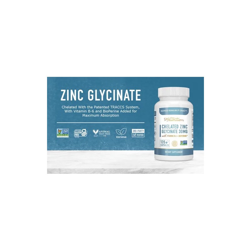 Quelato de Zinc SM Nutrition con Vitamina B6 y Bioperina,