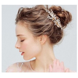 Handmade Alloy Flower Leaf Hair Ornament Hairpin Pearls Bride Wedding Dress Headdress Bridal Headband Hair Clip (Golden, One size)
