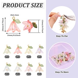 Beadthoven 32Pcs Acrylic Lily Flower Charms 8 Colors Transparent Lily of The Valley Bell Flower Pendants with Shell Pearl Beads Floral Dangle Charms for Jewelry Making Earrings Necklaces Keychains