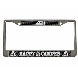 Happy Camper Adventure Style Metal License Plate Frame/Car Accessories Car Tag Holder Cover (Chrome/Carbon/Silver)