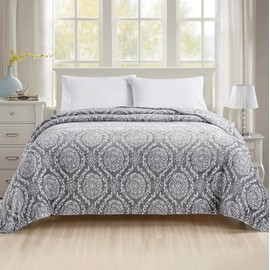 Elegant Comfort Ultra Soft Print Flannel Fleece Bed Blanket, Cozy-Fuzzy Lightweight Bedspread Coverlet, All Season Decorative Blanket for Couch, Sofa, Ogee Design, Queen Size, Gracey