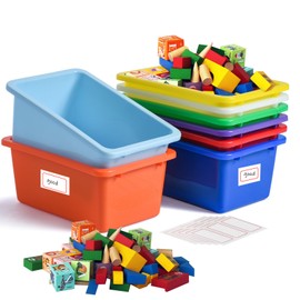 8 PACK Cubby Bins Classroom Storage Book Bins Toy Bins Cubby Storage Organizer Bins Small - Sturdy, Colorful Plastic Multi-Purpose for Home, Nursery, Playroom, Classroom with Self Adhesive Labels