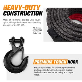 BUNKER INDUST Synthetic Winch Rope Kit,3/8" x 100' 23809LBS Winch Line Cable Replacement with Protective Sleeve+Winch Fairlead+Hook for 4WD Off Road Vehicle Jeep Truck ATV UTV SUV(Black)