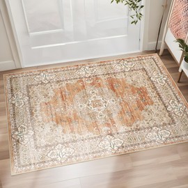 Puino Washable Entryway 2x3 Rug: Small Boho Rugs for Indoor Entrance Non Slip Backing Stain Resistant Carpet Low Pile Throw Rugs for Bedroom Bedside Inside Front Door Floor Kitchen Decor(Brick,2x3FT)