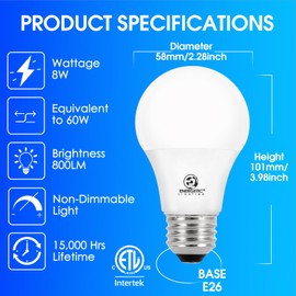 E ENERGETIC LIGHTING Light Bulbs 60 Watt Equivalent, A19 Warm White LED Light Bulbs, 15000 Hrs E26 Base, 8W 800LM 3000K Light Bulb, ETL Listed, Non-Dimmable, 8-Pack