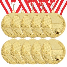 MECCANIXITY Tennis Medals 2.7 Inch, Gold Award Medals with Neck Ribbon for Team Sports Games Competitions Party Favors 10 Pieces