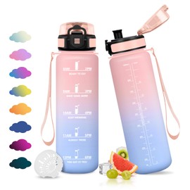 JAPORIA Bottiglia Acqua 1L, Borraccia con Filtro, Borraccia Motivazionale, Borracce con Scala Temporale, Senza BPA, Riutilizzabile, per Outdoor, Palestra, Sport