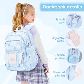 Tanou School Bag Girls School Bag Kids, Large Capacity School Backpack for Girls 1st to 4th Grade, Breathable Kawaii Backpack School Girls with Pendant, blue, Youthful & Modern