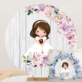OERJU 6x6ft God Bless Round Backdrop Floral Cross Rustic Vintage Wood Circle Background Girls Baptism Christening Round Backdrop Stand Cover Party Decorations Banner Photo Booth Props