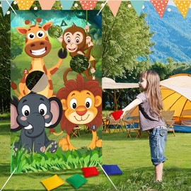Jeffbaubl Animals Toss Game Banner with 8 Bean Bags,Wild Animals Throwing Game,Bean Bag Toss Games Outdoor Games Set for Yard Lawn Game Photo Background Jungle Animals Theme Party Supplies
