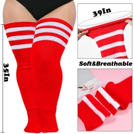 Abodhu Plus Size Thigh High Socks for Thick Thighs Women- Extra Long Widened Extra Long Thick Knit (Bright Red & White)