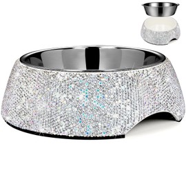 SlowVibes Bling Stainless Steel Dog Bowls,7oz Detachable Rhinestone Metal Food Water Bowl for Feeding Dogs Cats,Rust Resistant Non-Slip Puppy Dish,Sparkle Essentials for Small Medium Large Girl Pets