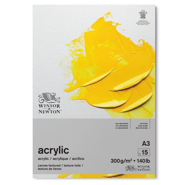 Winsor & Newton 6534006 Acrylic Paper in Pad - 15 Sheets with Canvas Structure DIN A3, 300 g/m², Acid-free, No Optical Brighteners, Age-resistant for Acrylic Paint and Media, White