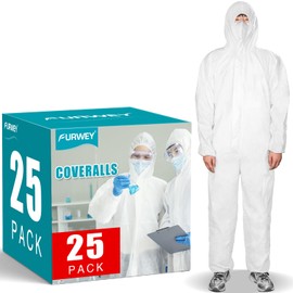 FURWEY 25PACK Disposable Protective Coveralls, Heavy Duty Full Body Painters Suit for Men & Women with Elastic Wrists, Ankles and Hood- Breathable & Waterproof-2X-Large