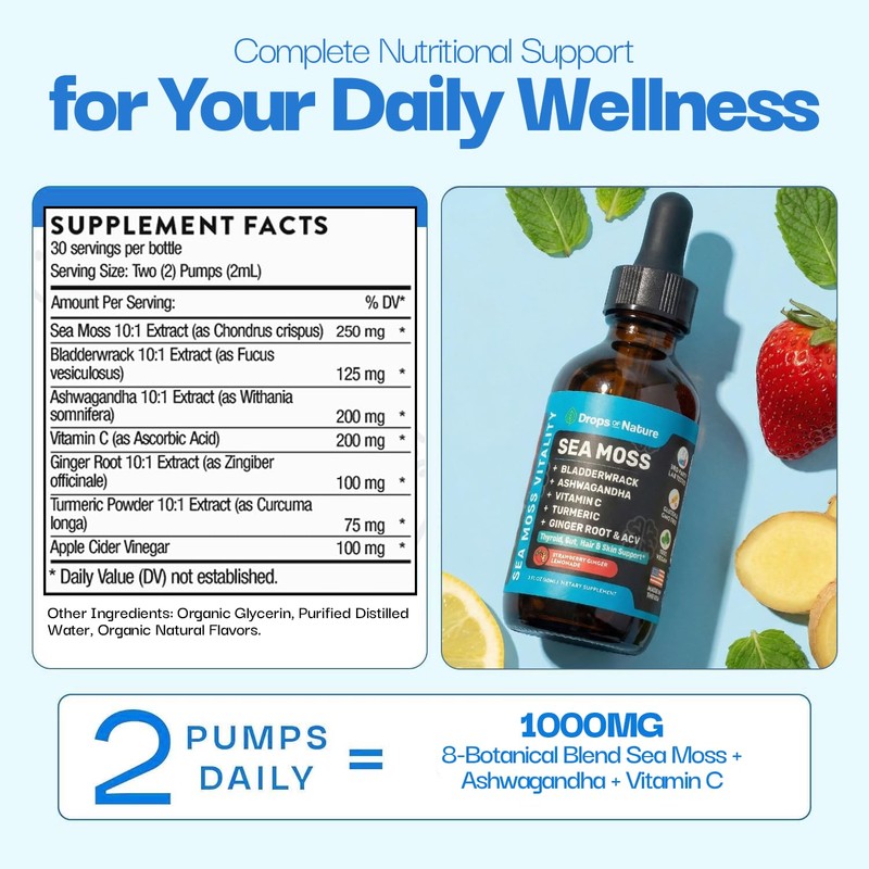 Ashwagandha & Turmeric Liquid Drops - Vitamin C, Sea Moss,