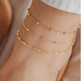 ASCOMY 14K Gold Plated Ankle Bracelets for Women Dainty Layered Rope Disc beaded Chain Link Anklet Cute Simple Rope Bead Anklets for Teen Girls Minimalist Summer Beach Foot Gold Anklet Jewelry Gifts