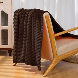 Vessia Flannel Fleece King Size Blanket(108x90inch), 300GSM Cozy Brown Stripe Bed Blanket for Couch, Sofa and Bed, Warm and Soft Chocolate Microfiber Ribbed Blanket for All Season