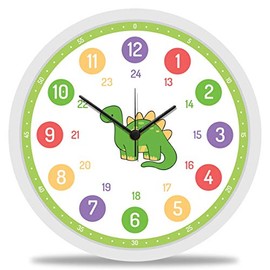 GRAVURZEILE Children's Wall Clock Dino Motif - Silent Children's Wall Clock Suitable for Girls - Colourful Learning Clock for Children 30 cm - Easy to Read the Time Learning - Colourful Dinosaur