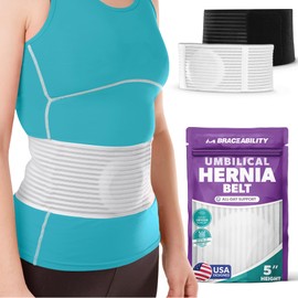 BraceAbility Umbilical Hernia Belt - Abdominal Binder Truss with Compression Pad for Belly Button, Navel, Ventral, Epigastric, Hiatal Hernia Relief, Surgery Brace for Men or Women (L/XL 5" White)