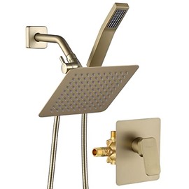 All Metal Shower Faucet Set, Dual Square Shower Head System with Handheld Wand & Rainfall Showerhead, Diverter, Hose Complete Combo, Pressure Balance Rough-in Valve Included (Brushed Gold)