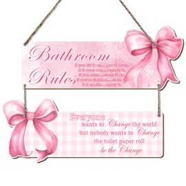 Bow Bathroom Decor, Pink Bow Decor, 2-Piece Set of Fun Bathroom Signs, Suitable for Teen Bedrooms and Teen Girls Bedrooms, Rustic Style Wooden Signs, Gifts for Daughters and Girlfriends