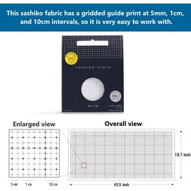 Sashiko kit, Daruma Sashiko Thread, Needles and Cotton Fabric with Grid Line Print, Marking Pencil, Thimblem and Traditional Design Sewing Set (Navy Blue Thread/White Fabric)