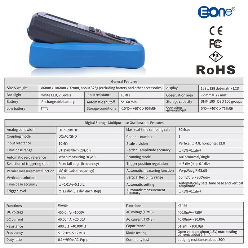 EONE ET310A Handheld Oscilloscope Multimeter, Computer Connectable, 80M Sampling Rate