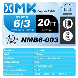 NM-B 6/3 Wire with Ground,20ft 6/3 6 AWG Copper Wire 6 Gauge 3 Conductor Nonmetallic Sheathed 6-3 NM-B Cable with Ground,Stranded Electrical Residential Indoor Wiring for Outlet,Switch and Other Loads