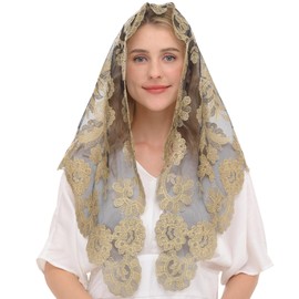 Ammmscaf Church Prayer Chapel Veil Catholic Mass Mantilla for Women Lace Latin Mass Church Veil Head Covering (Gold&Black)