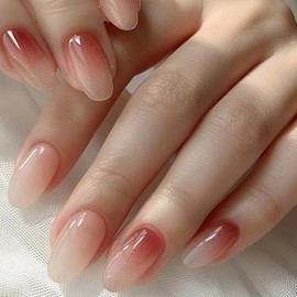 24Pcs Long Press on Nails Almond Fake Nails Gradient Design Full Cover Nude Acrylic on Nails French False Nails Glossy Stick on Nails Artificial Glue on Nails Nail Art Decoration Kit for Women Girls