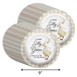 Birthday Galore Silly Goose Baby Shower - 32 Piece Disposable Party Supplies - Beige Gingham Baby Shower Decorations - Round Party Plates - Large 9" Paper Plates In Bulk